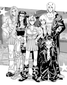 3boys 3girls ahoge alternate_universe blowing_bubble_gum blowing_bubbles braid breasts bun_with_braided_base chain chewing_gum child cleavage clothes_around_waist commentary cosplay crossdressing double_bun dreadlocks emporio_alnino ermes_costello foo_fighters_(jojo) fur_hat greyscale hair_bun hand_on_own_hip hashtag-only_commentary hat highres horned_hat jacket jacket_around_waist jeonjin_(mynamebazin) jojo_no_kimyou_na_bouken knee_brace kujo_jotaro_(cosplay) kuujou_jolyne kuujou_joutarou long_hair loose_hair_strand loose_socks medium_breasts miniskirt monochrome multicolored_hair multiple_boys multiple_girls narciso_anasui necktie one_eye_closed oversized_clothes pleated_skirt school_uniform shoes short_hair skirt sneakers socks stardust_crusaders stone_ocean tank_top torn_clothes torn_tank_top two-tone_hair undone_necktie weather_report