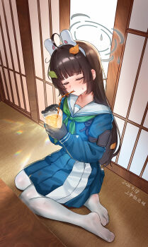 1girl absurdres ahoge animal_ears artist_name black_gloves black_hair blue_archive blue_serafuku blue_shirt blue_skirt blunt_bangs blunt_sidelocks blush closed_eyes commentary cup dated day dirty dirty_clothes drink drinking drinking_glass drinking_straw drinking_straw_in_mouth embarrassed fake_animal_ears feet from_above full_body gloves green_neckerchief grey_halo halo highres hime_cut holding holding_cup holding_drink indoors leaf leaf_on_head lemonade long_hair long_sleeves looking_at_viewer loose_hair_strand miyu_(blue_archive) neckerchief no_shoes nose_blush on_floor on_ground pantyhose pleated_skirt pursed_lips rabbit_ears raised_eyebrows sailor_collar school_uniform serafuku shangdi_de_fa_zhang shirt shouji sidelocks signature sitting skirt sliding_doors soles solo sweatdrop table tatami toes white_pantyhose white_sailor_collar yokozuwari