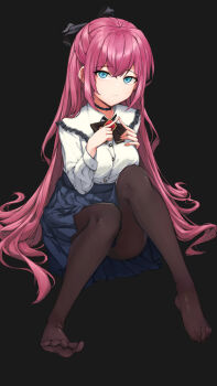 1girl absurdres aoria black_background black_choker blue_eyes blue_skirt bow bowtie breasts brooch brown_pantyhose choker closed_mouth collared_shirt feet hair_ribbon hands_up high-waist_skirt highres jewelry knees_up long_hair long_sleeves looking_at_viewer medium_breasts no_shoes original pantyhose pink_hair pleated_skirt ribbon shirt sidelocks simple_background sitting skirt solo twiddling_fingers very_long_hair white_shirt