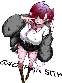 1girl baobhan_sith_(fate) black_shorts blush breasts character_name earrings fate/grand_order fate_(series) fishnet_pantyhose fishnets full_body fur_jacket grey_eyes grey_jacket highres jacket jewelry large_breasts long_hair long_sleeves looking_at_viewer mcpc_zamurai o-ring pantyhose pointy_ears red_hair shirt short_sleeves shorts side_ponytail solo tongue tongue_out white_shirt