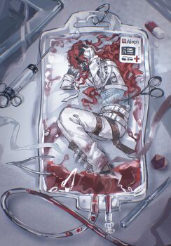 1boy absurdres aleph_(reverse:1999) bag black_mask blood blood_bag character_name covered_face curly_hair dice fetal_position from_above full_body hands_on_own_head hands_up highres in_bag in_container long_hair lying male_focus on_side pants pill polyhedral_dice red_hair reverse:1999 scalpel shirt solo surgical_scissors syringe white_pants white_shirt yelin_yoru