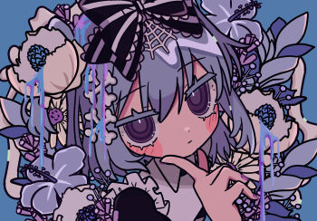 Rule 34 | 1girl, black bow, bone hair ornament, bow, closed mouth, commentary request, dinobotanica, flower, hair bow, hair ornament, highres, long hair, looking at viewer, medium hair, official art, portrait, purple eyes, solo, spider web hair ornament, striped bow, teira (ooxoo)