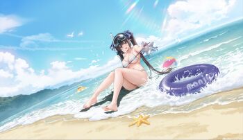 Rule 34 | 1girl, absurdres, ahoge, artist request, azur lane, ball, barefoot, beachball, bikini, bird, black hair, blue eyes, blue nails, blue ribbon, blue sky, boat, breasts, cloud, collarbone, crossover, diving mask, diving mask on head, dungeon ni deai wo motomeru no wa machigatteiru darou ka, feet, foreshortening, goggles, goggles on head, hair ribbon, hestia (danmachi), hestia (godly vacation!) (danmachi), highres, horizon, knees up, large breasts, long hair, looking at viewer, manjuu (azur lane), nail polish, navel, non-web source, o-ring, o-ring bikini, ocean, official alternate costume, official art, open mouth, outdoors, outstretched arm, rei no himo, ribbon, sailboat, sitting, skindentation, sky, smile, snorkel, starfish, swim ring, swimsuit, thighs, twintails, underboob, very long hair, water, watercraft, wet