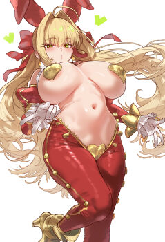 1girl absurdres ahoge animal_ears areola_slip blonde_hair blush breasts covered_erect_nipples crotchless crotchless_pantyhose curvy detached_sleeves earrings ebora fake_animal_ears fate/grand_order fate_(series) gloves gold_trim green_eyes hair_intakes hair_ribbon heart_maebari heart_pasties high_heels highres huge_breasts jewelry large_breasts long_hair looking_at_viewer maebari navel nero_claudius_(fate) nero_claudius_(fate/extra) non-web_source pantyhose pasties rabbit_ears red_pantyhose red_ribbon red_sleeves revealing_clothes reverse_bunnysuit reverse_outfit ribbon solo stomach thighs twintails underboob v white_gloves wide_hips