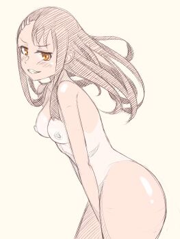 1girl absurdres asymmetrical_bangs black_hair breasts from_side highres ijiranaide_nagatoro-san leaning_forward long_hair looking_at_viewer madabau nagatoro_hayase nude one-piece_tan simple_background sketch small_breasts tan tanline thick_thighs thighs