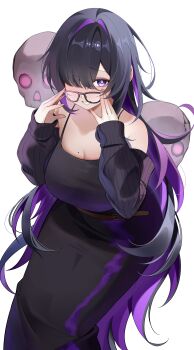 1girl absurdres black-framed_eyewear black_dress black_hair breasts cleavage closed_mouth colored_inner_hair commentary_request dress glasses goddess_of_victory:_nikke highres label_(nikke) large_breasts long_hair looking_at_viewer multicolored_hair open_mouth purple_eyes purple_hair purple_streaks sasunopi solo streaked_hair very_long_hair white_background