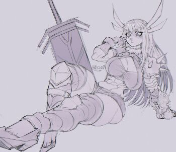 Rule 34 | 1girl, abs, absurdres, armor, cleavage cutout, clothing cutout, elbow spikes, gabriel ales, gauntlets, greyscale, highres, huge weapon, magik (x-men), marvel, marvel tokon: fighting souls, monochrome, muscular, muscular female, o3o, pauldrons, planted, planted sword, planted weapon, shoulder armor, shoulder spikes, single gauntlet, single pauldron, sketch, solo, spiked gauntlets, spiked pauldrons, spikes, sword, weapon, x-men