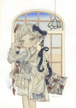 1girl acrylic_paint_(medium) arched_window backlighting baggy_clothes bare_legs blouse blue_bow blue_eyes blue_sky blunt_bangs bow collared_shirt commentary floral_print full_body hair_bow hair_ribbon half-closed_eyes hand_on_own_face highres indoors instagram_logo instagram_username karintoun lace_trim large_bow long_eyelashes long_hair long_sleeves looking_at_viewer original oversized_clothes painting_(medium) pale_skin patchwork_clothes pillow postmark red_ribbon ribbon shirt signature single_sleeve_past_fingers skirt sky standing striped_bow traditional_media twintails twitter_username twitter_x_logo watercolor_(medium) watermark white_background white_hair window