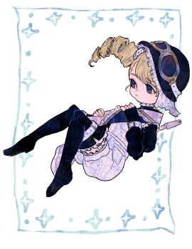 1girl black_boots black_hat black_shirt blonde_hair blue_overalls boots closed_mouth commentary_request drill_hair frills full_body goggles goggles_on_headwear hat highres inset_border long_sleeves looking_to_the_side okubatomaeba original overalls purple_eyes shirt short_hair solo swept_bangs thigh_boots