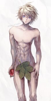 1boy :o abs adam adam_(shuumatsu_no_valkyrie) ahoge apple blonde_hair blue_eyes cropped_legs dated eyebrows food fruit glowing glowing_eyes highres holding holding_food holding_fruit leaf male_focus navel nude shuumatsu_no_valkyrie thighs waterstaring white_background
