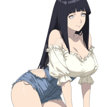 1girl artist_name bare_shoulders black_hair blunt_bangs breasts cleavage closed_mouth collarbone cowboy_shot cutoffs denim denim_shorts frilled_shirt frills highres hyuuga_hinata kiripetals large_breasts leaning_forward light_purple_eyes long_hair looking_at_viewer naruto:_the_last naruto_(series) no_pupils off-shoulder_shirt off_shoulder patreon_logo puffy_sleeves shirt short_sleeves shorts simple_background smile solo straight_hair strapless thighs torn_clothes watermark web_address white_background white_shirt