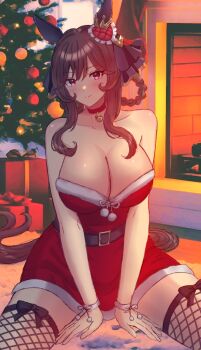 1girl alternate_breast_size_(larger) animal_ears bare_shoulders bell belt bow braid braided_hair_rings breasts brown_hair christmas christmas_tree cleavage closed_mouth collar dress ear_covers ear_ornament fishnet_thighhighs fishnets gentildonna_(umamusume) hair_between_eyes hair_rings heart-shaped_ornament heart_ear_ornament highres horse_ears horse_girl horse_tail huge_breasts indoors jingle_bell long_hair looking_at_viewer neck_bell on_floor red_dress red_eyes remi-yuka-taimama santa_costume santa_dress short_dress sitting smile solo spread_legs strapless strapless_dress tail thighhighs umamusume wrist_cuffs