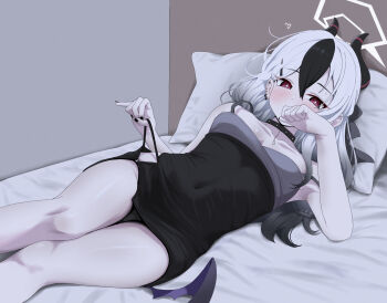 1girl bed black_choker black_dress black_hair black_horns black_panties blue_archive blush breasts choker collarbone commentary_request covered_navel covering_own_mouth demon_horns diamond_necklace dress ear_piercing grey_halo halo highres horns kayoko_(blue_archive) kayoko_(dress)_(blue_archive) long_hair looking_at_viewer lying mole mole_on_collarbone multicolored_hair official_alternate_costume panties panty_pull piercing pillow pulling_own_clothes red_eyes small_breasts solo studded_choker sweat unamaso underwear white_hair