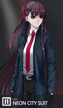 Rule 34 | 1girl, absurdres, agent 47, agent 47 (cosplay), belt, belt buckle, black belt, black gloves, black pants, blue coat, breasts, buckle, coat, cosplay, formal clothes, girls' frontline, gloves, half updo, highres, hitman (game), hitman 3, long coat, long hair, long sleeves, lzypoipoi, medium breasts, necktie, one side up, pants, purple hair, red eyes, red necktie, solo, wa2000 (girls' frontline)