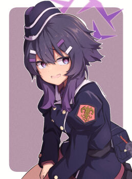 1girl black_jacket blue_archive collared_shirt commentary_request garrison_cap hair_between_eyes hair_ornament hairclip halo haruka_(blue_archive) hat highres jacket konntena long_sleeves looking_at_viewer open_mouth purple_background purple_eyes purple_hair purple_halo red_shirt shirt simple_background smile solo