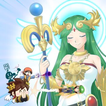 1girl bandana blue_halo blue_overalls brown_hair chain circlet closed_eyes collarbone commentary_request dragon_quest dragon_quest_viii fumio_(fumifumi) game_&amp;_watch gold_chain green_hair green_hat halo halo_behind_head hat hero_(dq8) highres holding holding_staff kid_icarus kid_icarus_uprising luigi mario_(series) mr._game_&amp;_watch nintendo overalls palutena pit_(kid_icarus) red_bandana sparkle staff super_smash_bros.