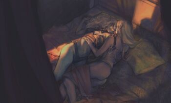 Rule 34 | 2girls, ass, baldur's gate, baldur's gate 3, bare arms, bare shoulders, black panties, blanket, blonde hair, colored skin, commentary, couple, crack of light, dark elf, elf, english commentary, face-to-face, feet out of frame, from above, grey skin, half-closed eyes, hand on another's chest, hand under clothes, highres, indoors, long hair, looking at another, lying, minthara, multiple girls, navel, on side, panties, pillow, pointy ears, purple skin, ravysuu, red eyes, signature, smile, tav (baldur's gate), underwear, underwear only, wavy hair, yuri