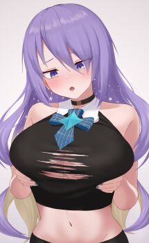 1girl :o absurdres black_choker blonde_hair blue_nails breast_focus breasts choker eka_kinoko highres hololive hololive_indonesia inconvenient_breasts large_breasts looking_down midriff moona_hoshinova multicolored_hair navel purple_eyes purple_hair shirt solo stomach torn_clothes torn_shirt two-tone_hair virtual_youtuber wardrobe_malfunction