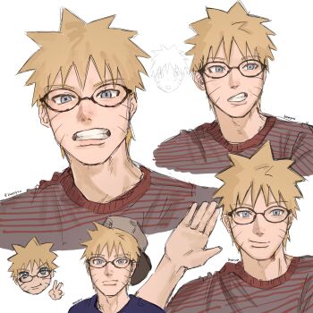 Rule 34 | 1boy, alternate costume, artist name, backwards hat, baseball cap, black-framed eyewear, bleeehrghw, blonde hair, blue eyes, blue shirt, brown hat, chibi, chibi inset, clenched teeth, closed mouth, commentary, cropped shoulders, english commentary, facial mark, grey shirt, hat, highres, ibispaint (medium), looking ahead, male focus, naruto (series), open hand, photo-referenced, red shirt, round eyewear, shirt, short hair, sketch, sketch inset, spiked hair, striped clothes, striped shirt, teeth, two-tone shirt, uzumaki naruto, v, vertical-striped clothes, vertical-striped shirt, waving, whisker markings, white background