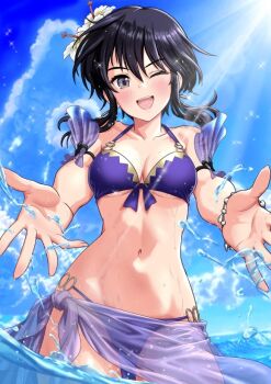 1girl armlet bikini black_hair borrowed_clothes bracelet breasts cheenosuke cleavage cloud commission fire_emblem fire_emblem:_genealogy_of_the_holy_war fire_emblem_heroes flower front-tie_bikini_top front-tie_top hair_flower hair_ornament jewelry larcei_(fire_emblem) navel nintendo ocean one_eye_closed outdoors partially_submerged see-through_clothes sidelocks skeb_commission sky solo splashing string_bikini swimsuit swimsuit_cover-up underboob water
