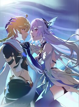 absurdres aether_(genshin_impact) after_kiss ahoge backless_dress backless_outfit blonde_hair braid braided_ponytail breasts dress genshin_impact hetero highres large_breasts long_hair medium_hair navel red_eyes saliva saliva_trail shiro_font skirk_(genshin_impact) twitter_username white_hair yellow_eyes