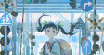 Rule 34 | 1girl, absurdres, araragi koyomi, arrow (symbol), backpack, bag, bakemonogatari, black hair, commentary, floating hair, green ribbon, hachikuji mayoi, hair ribbon, hairband, highres, jade bracelet, long hair, looking at viewer, monogatari (series), neck ribbon, outdoors, parted lips, red eyes, red ribbon, ribbon, road sign, security camera, shirt, sign, solipsist, solo, traffic light, twintails, upper body, white hairband, white shirt
