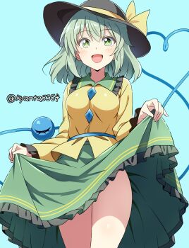 1girl black_hat blue_background blush bow breasts buttons commentary_request diamond_button eyeball frilled_shirt_collar frilled_sleeves frills green_eyes green_hair green_skirt hat hat_bow hat_ribbon heart heart_of_string highres komeiji_koishi kyanta5354 long_sleeves looking_at_viewer medium_breasts open_mouth ribbon shirt short_hair skirt smile solo third_eye touhou twitter_username wide_sleeves yellow_bow yellow_ribbon yellow_shirt
