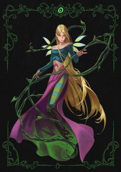 Rule 34 | 1girl, artnikita, bare shoulders, black background, blonde hair, blue eyes, boots, commentary, cornelia hale, crop top, fairy wings, full body, hair behind ear, highres, long hair, magical girl, navel, pantyhose, purple skirt, skirt, solo, striped clothes, striped pantyhose, very long hair, w.i.t.c.h., wings