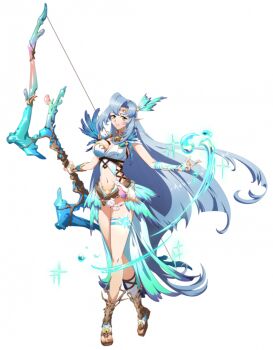 1girl arm_guards bandaged_leg bandages blue_hair body_markings bow_(weapon) breasts brooch circlet clam_shell cleavage closed_mouth clothing_cutout conch crossed_legs curtained_hair full_body game_cg hair_ornament holding holding_bow_(weapon) holding_weapon huge_weapon hydrokinesis jewelry langrisser langrisser_mobile large_breasts leotard long_hair long_sidelocks looking_at_viewer magic navel navel_cutout nemia_(langrisser) official_art outstretched_arm parted_bangs pointy_ears revealing_clothes sandals seashell shell side_cutout sidelocks simple_background single_vambrace smile solo standing strap swirl tachi-e third-party_source transparent_background vambraces very_long_hair water weapon yellow_eyes