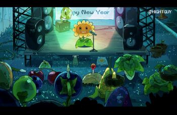 aqua_eyes artist_name bug_spray cabbage-pult_(plants_vs._zombies) cherry cherry_bomb_(plants_vs._zombies) chinese_commentary chomper_(plants_vs._zombies) commentary_request corn fertilizer flower flower_pot flower_pot_(plants_vs._zombies) food fruit grass grate grin happy_new_year highres hightguy hose kernel-pult_(plants_vs._zombies) leaf letterboxed looking_at_viewer melon-pult_(plants_vs._zombies) mushroom new_year night no_humans on_grass outdoors peashooter_(plants_vs._zombies) phonograph plant plant_focus plants_vs._zombies potato_mine_(plants_vs._zombies) puff-shroom_(plants_vs._zombies) sewer_grate smile solid_oval_eyes speaker stage stage_lights sunflower sunflower_(plants_vs._zombies) traffic_cone umbrella_leaf_(plants_vs._zombies) wall-nut_(plants_vs_zombies)