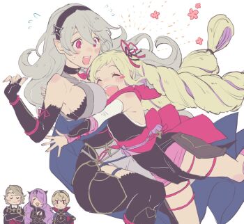 2boys 3girls aisutabetao armored_leotard blonde_hair camilla_(fire_emblem) female_corrin_(fire_emblem) female_corrin_(ninja)_(fire_emblem) elise_(fire_emblem) elise_(ninja)_(fire_emblem) fire_emblem fire_emblem_fates fire_emblem_heroes grey_hair highres hug leo_(fire_emblem_fates) leotard multiple_boys multiple_girls ninja nintendo official_alternate_costume purple_hair purple_rope rope shin_guards shuriken_hair_ornament xander_(fire_emblem)