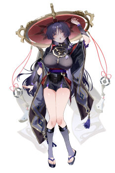 1girl absurdres arm_up armor au_au08 black_dress black_sandals breasts choppy_bangs commentary dress full_body genderswap genderswap_(mtf) genshin_impact grey_socks hair_between_eyes hat highres japanese_armor japanese_clothes kote kurokote large_breasts long_hair looking_at_viewer open_mouth red_hat sandals scaramouche_(genshin_impact) short_sleeves simple_background socks solo stirrup_footwear symbol-only_commentary white_background wide_sleeves