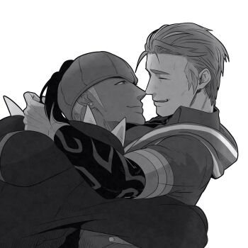 2boys arm_around_shoulder closed_eyes collared_shirt commentary_request dark-skinned_male dark_skin from_side greyscale headband highres hood hood_down hoodie hug kabu_(pokemon) long_sleeves looking_at_another male_focus monochrome multiple_boys nintendo parted_lips pokemon pokemon_swsh raihan_(pokemon) shirt short_hair sideburns simple_background smile vuoeou white_background wing_collar yaoi