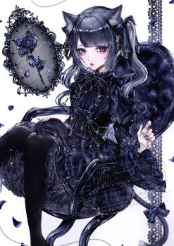 Rule 34 | 1girl, aegyo sal, animal, animal ears, animal on lap, black bow, black cat, black dress, black pantyhose, blue eyes, blue flower, blue hair, blue nails, blue rose, bow, cat, cat ears, cat on lap, chair, commentary, commission, dress, english commentary, flower, frilled dress, frills, gothic lolita, hair bow, highres, lolita fashion, long sleeves, looking at viewer, on chair, on lap, open mouth, original, pantyhose, rose, shiro woof woof, sitting, skeb commission, solo, twintails, wide sleeves