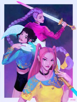 3girls black_choker black_hair black_shorts blue_jacket braid braided_ponytail choker cropped_jacket double_bun freckles glint hair_bun highres holding holding_weapon imvec jacket jewelry kpop_demon_hunters long_hair looking_back mira_(kpop_demon_hunters) multiple_girls pink_hair pink_jacket purple_hair ring rumi_(kpop_demon_hunters) shirt shorts sidelocks smile t-shirt twintails weapon zoey_(kpop_demon_hunters)