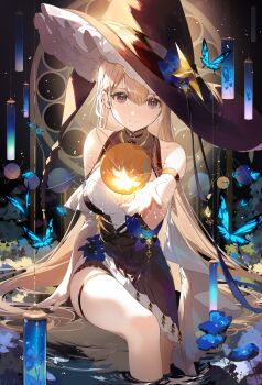 1girl bare_shoulders black_choker black_dress black_hat blonde_hair blue_butterfly breasts brown_eyes bug butterfly choker commentary_request dress frilled_hat frills hat hat_ornament highres insect large_hat layered_dress long_hair looking_at_viewer necomi orb original purple_pupils sitting sleeveless sleeveless_dress soaking_feet solo star_(symbol) star_hat_ornament thigh_strap thighs two-tone_dress very_long_hair water white_dress witch witch_hat