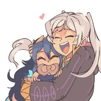 blue_hair blush closed_eyes davewaterfalls eating female_robin_(fire_emblem) fire_emblem fire_emblem_awakening food heart hug lucina_(fire_emblem) mother_and_daughter nintendo pretzel robe simple_background tiara twintails white_hair