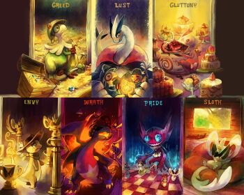 alternate_color alternate_shiny_pokemon breloom cake charmander chessboard clothed_pokemon cowboy_hat creature diamond_(gemstone) eating english_text envy_(deadly_sins) eyelashes fire flame-tipped_tail food gabite garchomp gen_1_pokemon gen_2_pokemon gen_3_pokemon gen_4_pokemon gen_5_pokemon glitchedpuppet gluttony_(deadly_sins) greed_(deadly_sins) grin hat highres indoors kecleon legendary_pokemon lugia lust_(deadly_sins) lying monocle neckerchief nintendo no_humans on_back open_mouth pirate_hat pmd-explorers pokemon pokemon_(creature) pokemon_mystery_dungeon pride_(deadly_sins) purple_kecleon sableye sad serious seven_deadly_sins skull_and_crossbones sloth_(deadly_sins) smile standing sunglasses tail tray treasure wrath_(deadly_sins) zorua