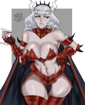 1girl absurdres armlet armor armored_gloves black_cape boots breasts cape cleavage commission cup demon_girl demon_horns drinking_glass fingerless_gloves gloves hairband hand_on_own_hip helltaker highres holding horns jewelry large_breasts long_hair looking_at_viewer looking_to_the_side lucifer_(helltaker) mole mole_under_eye navel red_armor red_eyes revealing_clothes sekushi_magik solo spiked_armlet spiked_hairband spikes thick_thighs thigh_armor thighhighs thighs white_hair white_horns wine_glass