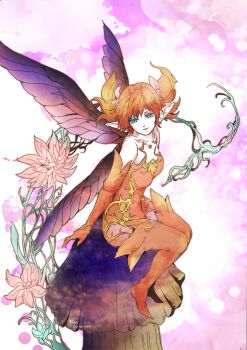 Rule 34 | 1other, bare shoulders, blue eyes, breasts, commentary, copyright name, elbow gloves, fairy, fairy wings, feo ul, final fantasy, final fantasy xiv, flower, gloves, leotard, medium breasts, mini person, minigirl, mushroom, on mushroom, orange gloves, orange hair, orange leotard, orange thighhighs, pantyhose, pink flower, pink pantyhose, pixie (ff14), pointy ears, ruka (blueplus84), short twintails, sitting, sitting on mushroom, solo, strapless, strapless leotard, thighhighs, twintails, twitter username, wings