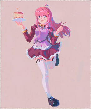 Rule 34 | 1girl, :d, absurdres, ahoge, black shoes, blue eyes, blush, braid, cake, cake slice, drawfag, food, full body, hair ornament, hand up, highres, long hair, nono (top wo nerae 2!), open mouth, pink hair, red skirt, running, shoes, sidelocks, simple background, skirt, smile, solo, thighhighs, top wo nerae! (series), top wo nerae 2!, white thighhighs