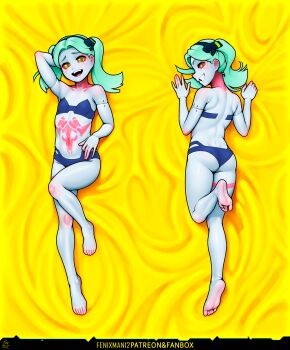 1girl artist_name ass barefoot bikini blue_bikini blush colored_sclera cyberpunk:_edgerunners cyberpunk_(series) dakimakura_(medium) fenixman12 flat_chest full_body green_eyes green_hair highres looking_at_viewer lying medium_hair navel on_back on_stomach open_mouth pale_skin rebecca_(cyberpunk) red_sclera smile soles stomach swimsuit teeth toes upper_teeth_only yellow_background