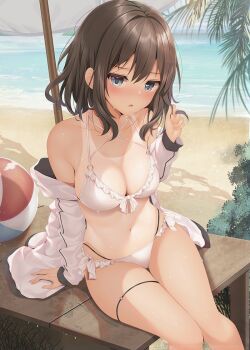 Rule 34 | 1girl, ball, beach, beachball, bikini, blue eyes, blush, breasts, brown hair, cleavage, commentary request, hair between eyes, hand in own hair, hand up, long sleeves, looking at viewer, minato ojitan, off shoulder, original, outdoors, parted lips, sitting, solo, stomach, swimsuit, tan, tanline, water, wet, white bikini