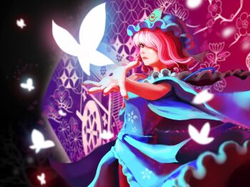 Rule 34 | 1girl, blue dress, blurry, bug, butterfly, dress, female focus, goshoguruma, hair over one eye, hat, highres, insect, japanese clothes, lips, long sleeves, mob cap, petals, pink hair, saigyouji yuyuko, saigyouji yuyuko's fan design, sarena, shippou (pattern), short hair, solo, touhou, triangular headpiece, veil, wide sleeves