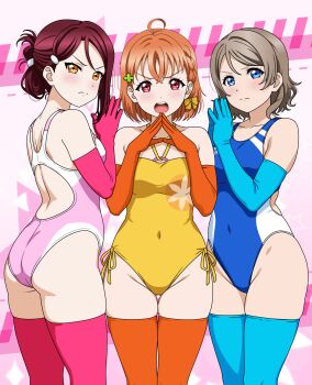 3girls 6kan adapted_costume ahoge alternate_costume ass blue_eyes blue_gloves blue_one-piece_swimsuit blue_thighhighs blush braid breasts casual_one-piece_swimsuit collarbone commentary_request commission competition_swimsuit covered_navel elbow_gloves folded_ponytail gloves grey_hair groin highres looking_at_viewer love_live! love_live!_sunshine!! multiple_girls official_alternate_costume one-piece_swimsuit orange_eyes orange_gloves orange_hair orange_thighhighs own_hands_together pink_gloves pink_one-piece_swimsuit pink_thighhighs pixiv_commission racerback red_eyes red_hair sakurauchi_riko short_hair side-tie_swimsuit single_braid small_breasts steepled_fingers swimsuit takami_chika thighhighs thighs v-shaped_eyebrows watanabe_you wavy_hair yellow_one-piece_swimsuit