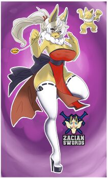 1girl boots breasts china_dress chinese_clothes cleavage dress fur_trim gen_1_pokemon high_heel_boots high_heels highres holding holding_string huge_breasts humanization hypno large_breasts leggings nintendo no_humans personification platform_footwear platform_heels pointy_ears pokemon string strong thick_thighs thigh_boots thighhighs thighs white_footwear white_hair white_leggings zacianswords