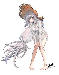 Rule 34 | 1girl, absurdres, alternate costume, arknights, bikini, black bikini, blush, breasts, commentary request, dated, feathered wings, feathers, gaoling gangqin, grey eyes, hands on own knees, hat, head wings, highres, long hair, looking at viewer, low-tied long hair, medium breasts, mulberry (arknights), see-through, see-through shirt, side-tie bikini bottom, simple background, smile, solo, straw hat, swimsuit, very long hair, white background, white feathers, white hair, white wings, wings