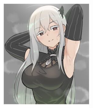 1girl absurdres armpits arms_behind_head border breasts brown_eyes closed_mouth commentary commentary_typo echidna_(re:zero) english_commentary grey_background hair_ornament highres large_breasts long_hair looking_at_viewer re:zero_kara_hajimeru_isekai_seikatsu sleeveless smile solo sweat upper_body valenthania white_border white_hair