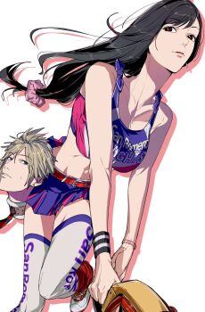 1boy 1girl amikoiiko bare_shoulders belt belt_buckle black_hair blonde_hair blue_eyes blue_skirt breasts buckle chainsaw cheerleader cloud_strife collarbone cosplay crop_top drop_shadow earrings final_fantasy final_fantasy_vii final_fantasy_vii_remake foot_out_of_frame foot_up hair_ornament hair_scrunchie highres holding holding_chainsaw jewelry juliet_starling juliet_starling_(cosplay) leg_warmers lollipop_chainsaw long_hair loose_socks low-tied_long_hair medium_breasts midriff miniskirt nick_carlyle nick_carlyle_(cosplay) parted_lips pink_scrunchie pleated_skirt red_belt red_eyes red_leg_warmers red_socks scrunchie severed_head short_hair single_earring skirt socks spiked_hair stud_earrings sweatdrop thighhighs tifa_lockhart white_background white_thighhighs wristband zettai_ryouiki