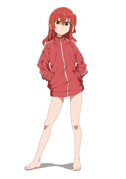 1girl barefoot bocchi_the_rock! commentary_request full_body green_eyes hands_in_pockets highres jacket kita_ikuyo long_hair looking_at_viewer naked_jacket one_side_up red_hair red_jacket simple_background solo track_jacket white_background yuuhi_(yuyuhihi)